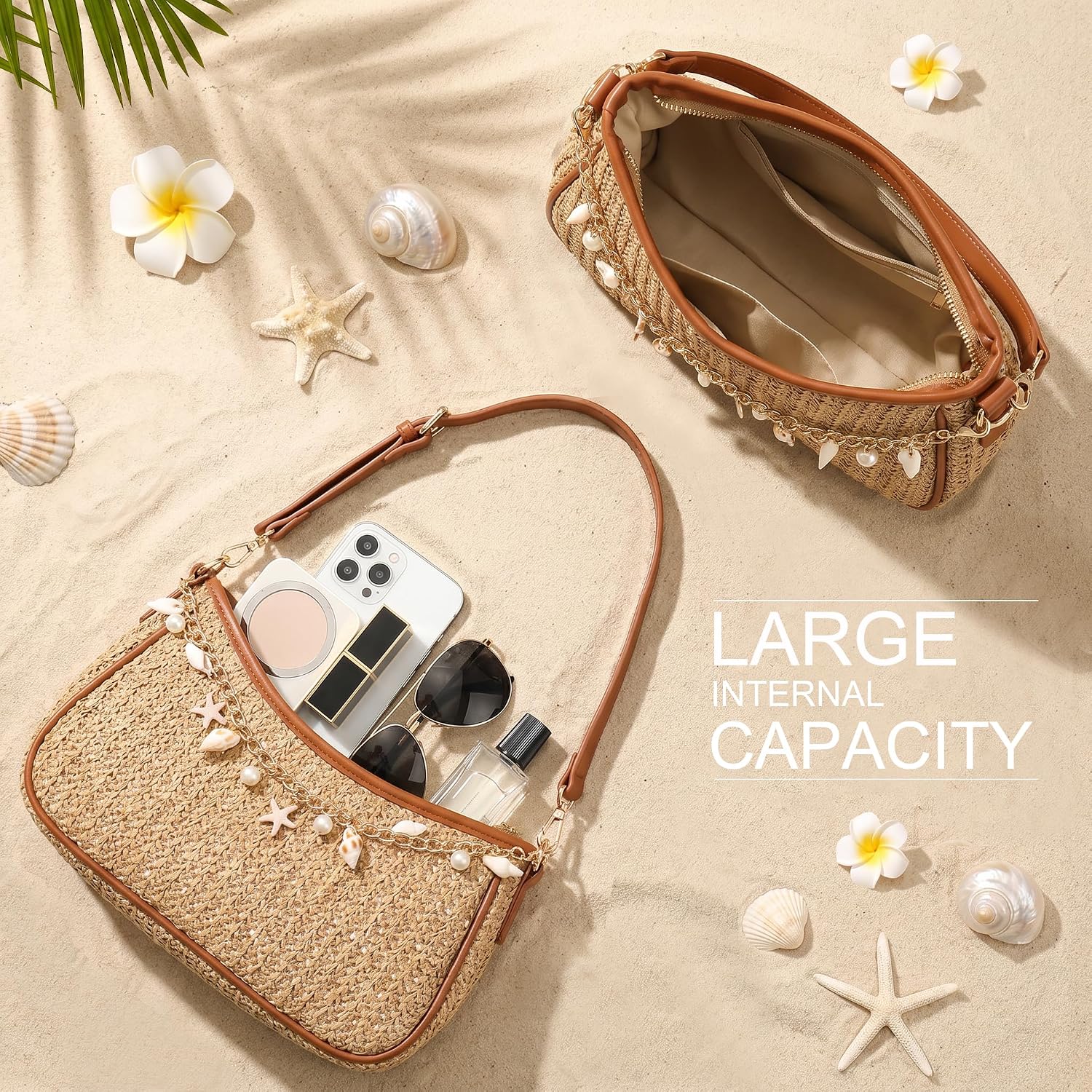 Straw Shoulder Bag For Women Raffia Summer Beach Bag Boho Woven Straw Shoulder Purse Crochet Vacation Purse Handbag