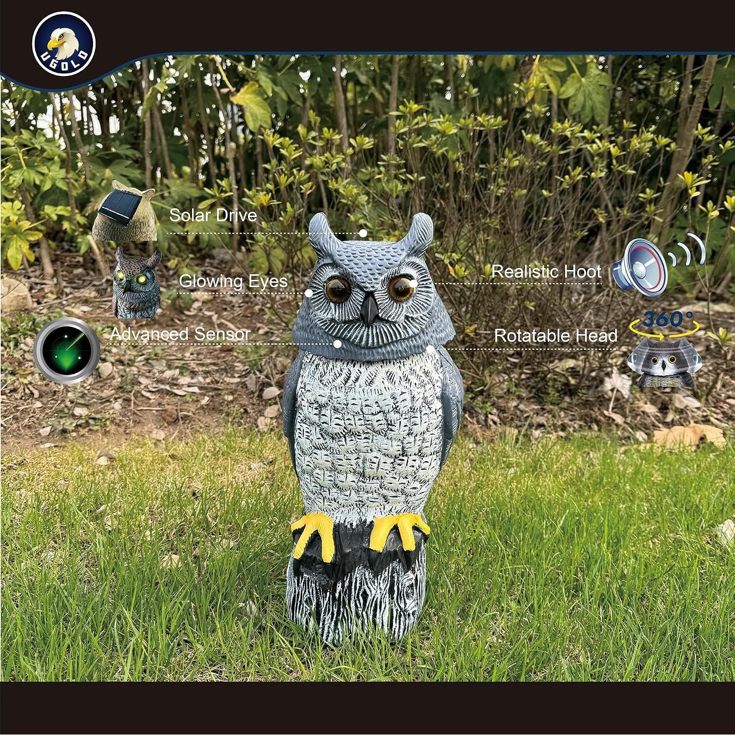 Solar Powered Garden Owl With Motion Detection, Rotating Head, Realistic Hoots And Silent Mode, Outdoor Statue And Sculpture, Owl Decoration For Home, Garden, Patio And Lawn
