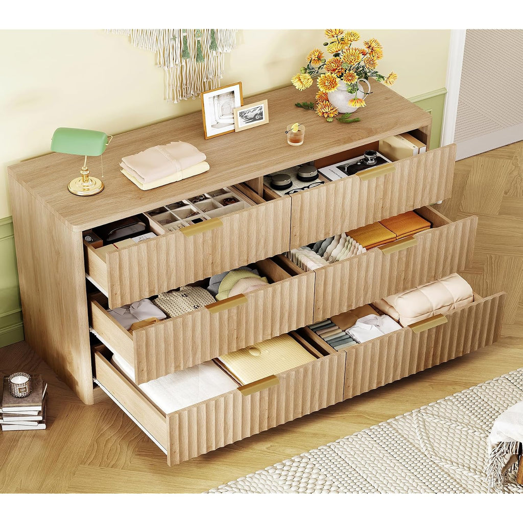Fluted 6 Drawer Dresser For Bedroom, Wide Modern Chest Of Drawers With Metal Handle, Curved Profile Design, Wood Closet Clothes Storage Organizer For Bedroom, Hallway, Natural