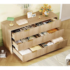 Fluted 6 Drawer Dresser For Bedroom, Wide Modern Chest Of Drawers With Metal Handle, Curved Profile Design, Wood Closet Clothes Storage Organizer For Bedroom, Hallway, Natural