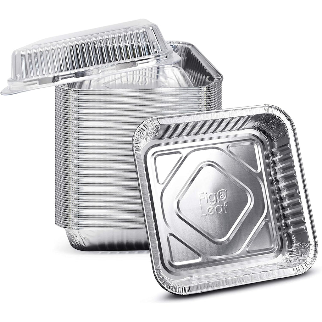 Fig & Leaf (35 Pack) 8” x 8” Square Baking Cake Pans with Plastic Dome Lids | Heavy Duty l Disposable Aluminum Foil Tins l Portable Food Containers l Perfect for Roasting Oven Toaster Cooking