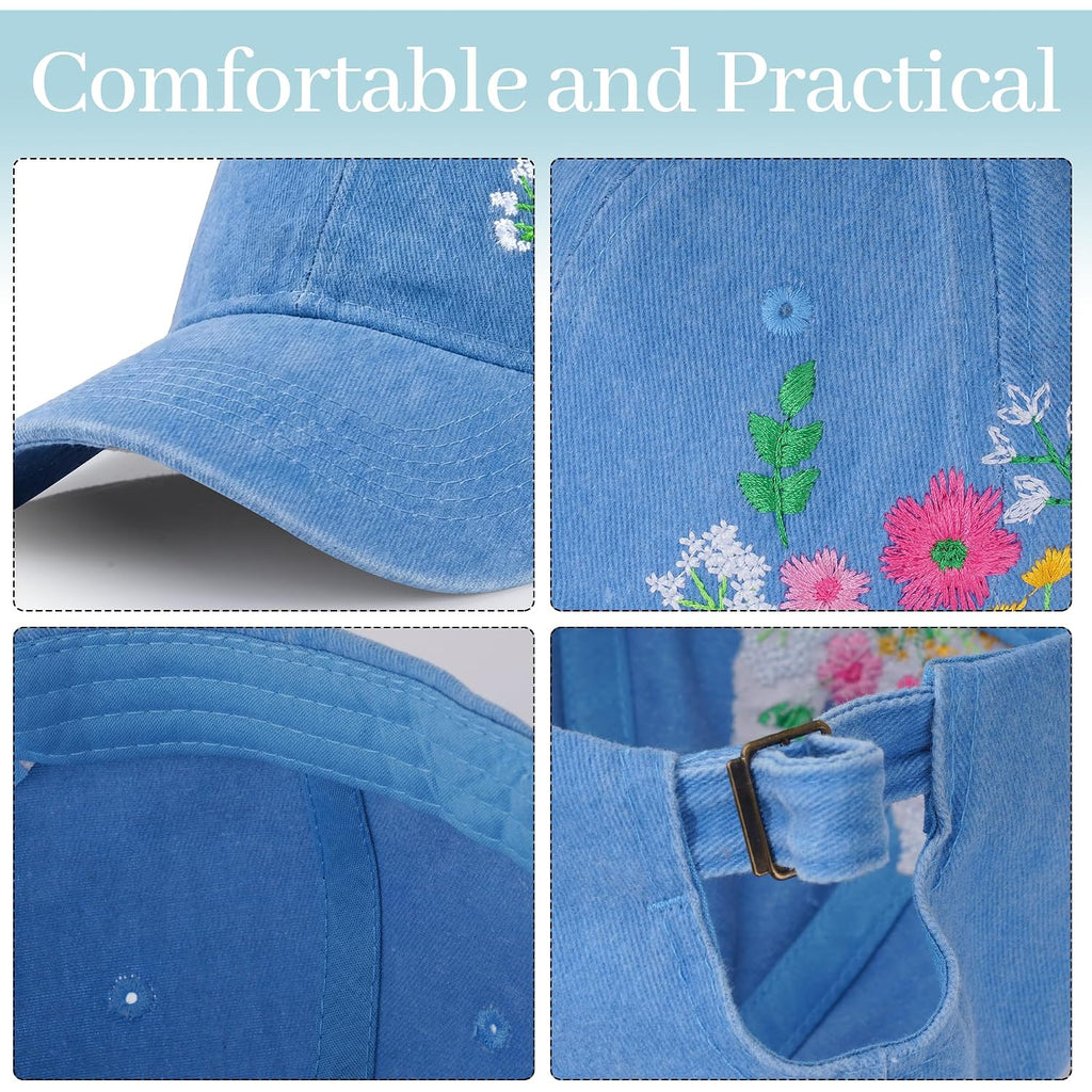 HOVEOX Flower Baseball Cap Embroidered Hat Baseball Cap Women's Hats Trendy Embroided Flower Gift for Woman Blue