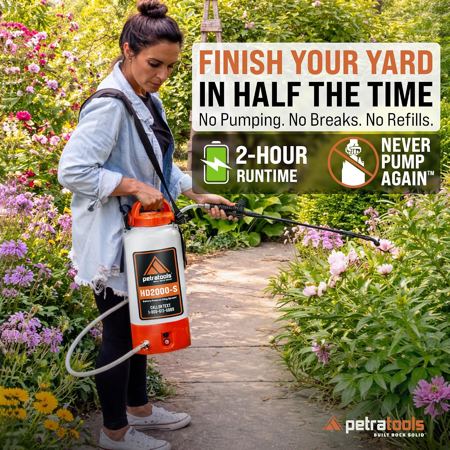Petratools Hd2000-S 2 Gallon Battery Powered Garden Sprayer, 2 Hour Runtime | Rechargeable Weed Sprayer W/ 4 Ft Hose, Wand, 2 Nozzles - For Lawn Care, Weed & Pest Control, Fertilizing - Up To 20 Ft Reach