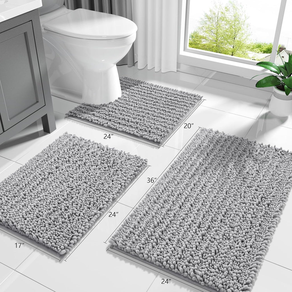 Yimobra Bathroom Rugs Non-Slip Washable – Extra Soft & Absorbent Chenille Bath Mat, Quick-Dry Plush Shaggy Floor & Vanity Bath Rugs for Tub & Shower, Modern Home Decor Accessories, 24 x 17, Grey