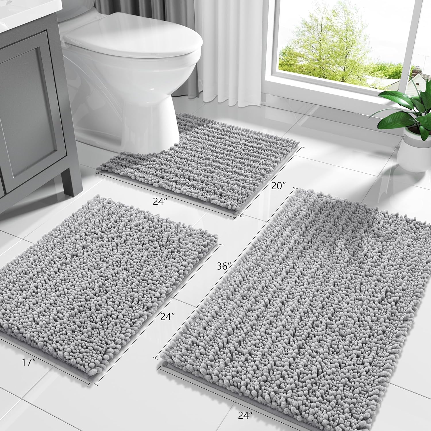 Yimobra Bathroom Rugs Non-Slip Washable – Extra Soft & Absorbent Chenille Bath Mat, Quick-Dry Plush Shaggy Floor & Vanity Bath Rugs for Tub & Shower, Modern Home Decor Accessories, 24 x 17, Grey