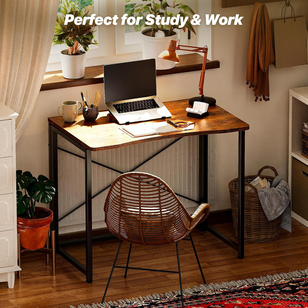 Huuger Folding Desk For Small Spaces, 31.5 Inch Foldable Computer Table, Easy Assembly, For Home Office, Study, Bedroom, Dorm, Space Saving, Small Writing Work Office Computer Desk, Rustic Brown