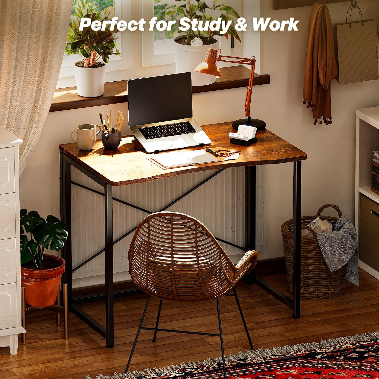 Huuger Folding Desk For Small Spaces, 31.5 Inch Foldable Computer Table, Easy Assembly, For Home Office, Study, Bedroom, Dorm, Space Saving, Small Writing Work Office Computer Desk, Rustic Brown