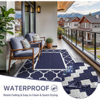 Genimo Outdoor Rug, Waterproof Plastic Rugs For Patio, 5'X8' Blue White | Outside Larger Modern Carpet Mat For Porch Decor, Deck, Balcony, Camping, Rv, Backyard, Picnic, Beach, Reversible, Foldable
