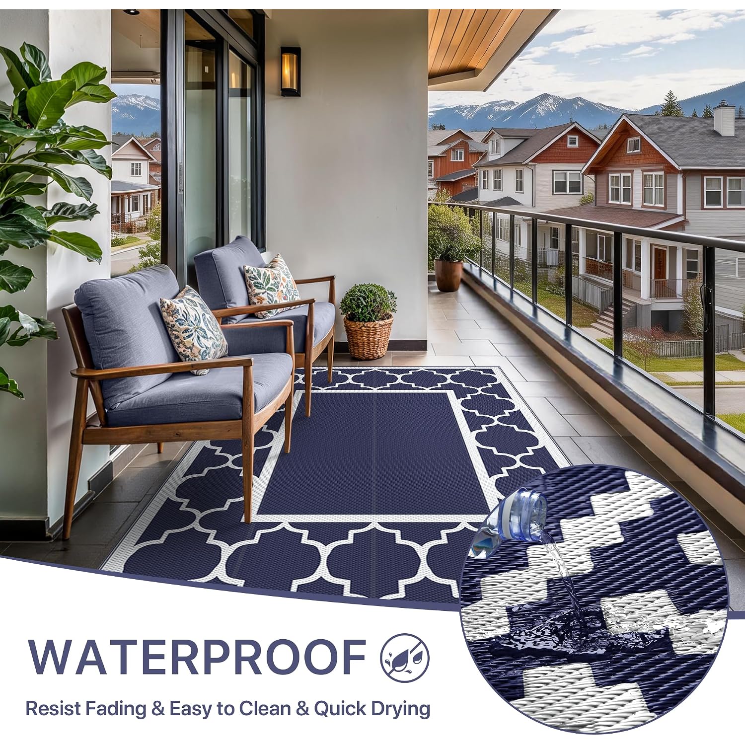 Genimo Outdoor Rug, Waterproof Plastic Rugs For Patio, 5'X8' Blue White | Outside Larger Modern Carpet Mat For Porch Decor, Deck, Balcony, Camping, Rv, Backyard, Picnic, Beach, Reversible, Foldable