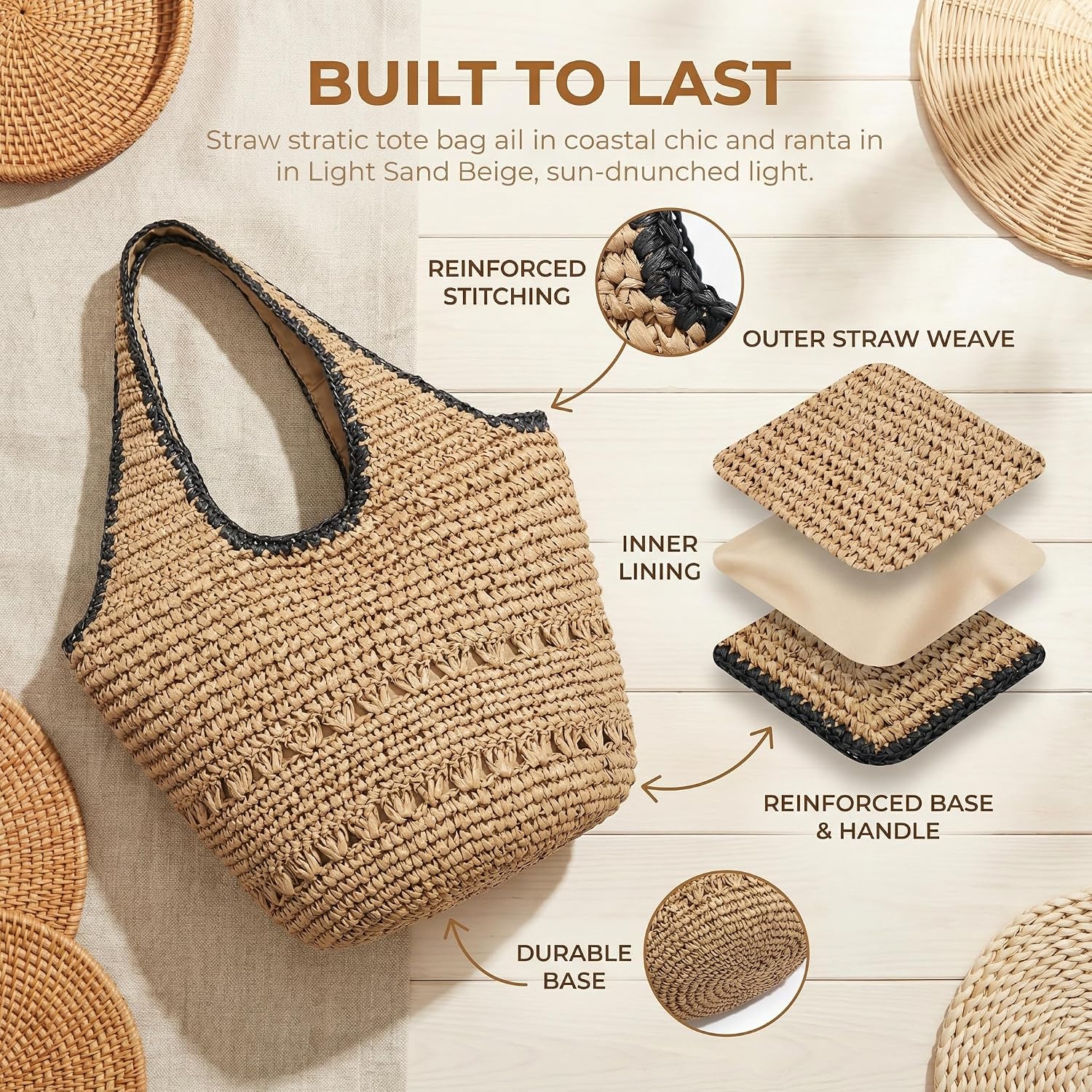 Jollque Straw Bag For Women, Raffia Tote Large Summer Beach Purse Woven Shoulder Bags Boho Vacation Handbag With Zipper