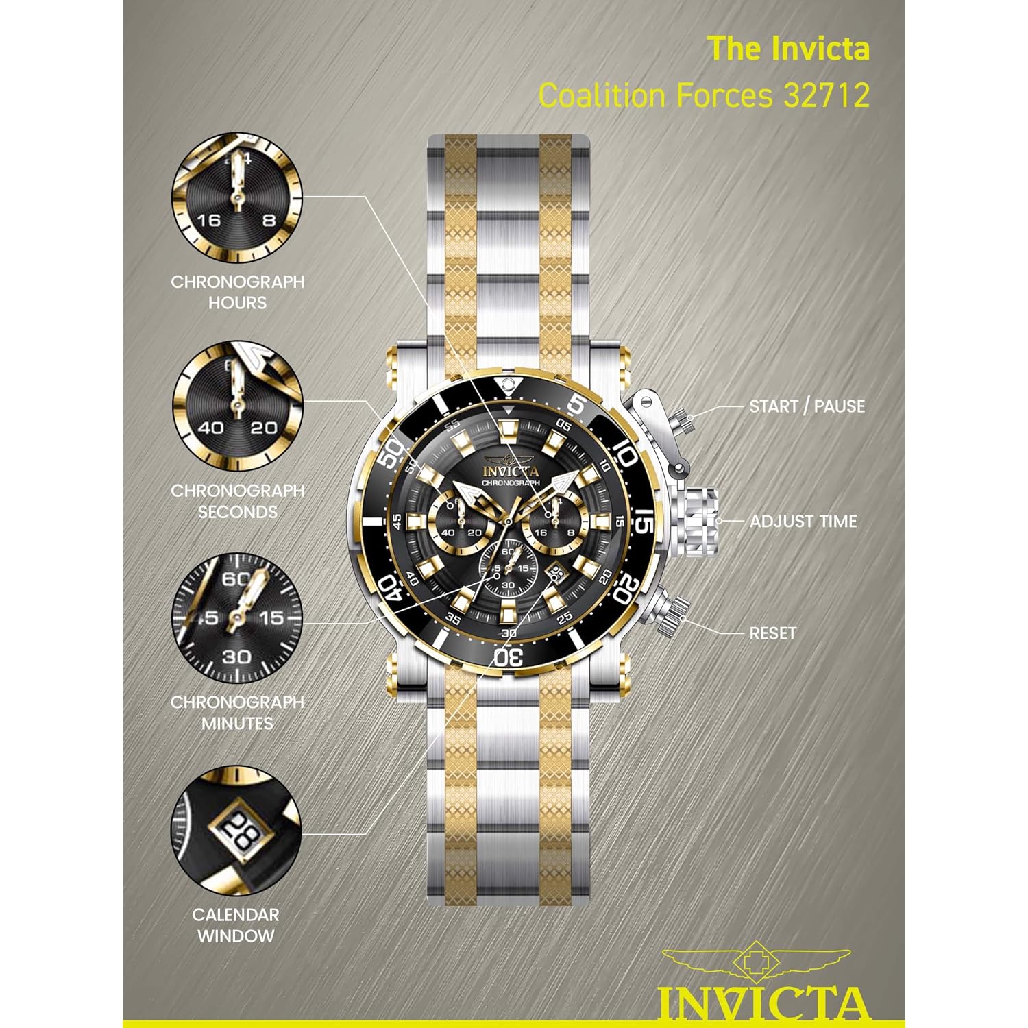 Invicta Coalition Forces Men 52Mm Stainless Steel Steel Black+Gold Dial Vd53 Quartz
