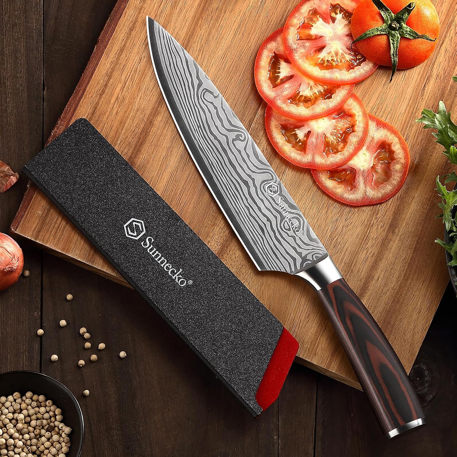 8 Inch Chef Knife - Ultra Sharp 12-15 Degree Edge Kitchen Knife For Meat Vegetable Cutting Japanese Style, High Carbon Stainless Steel Blade, Pakkawood Handle &Sheath, Cooking & Bbq Gift