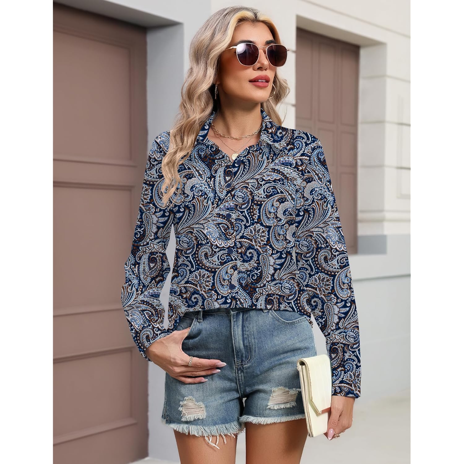 Button Down Shirts for Women Long Sleeve Blouse Dressy Casual Business Work Tops with Pocket