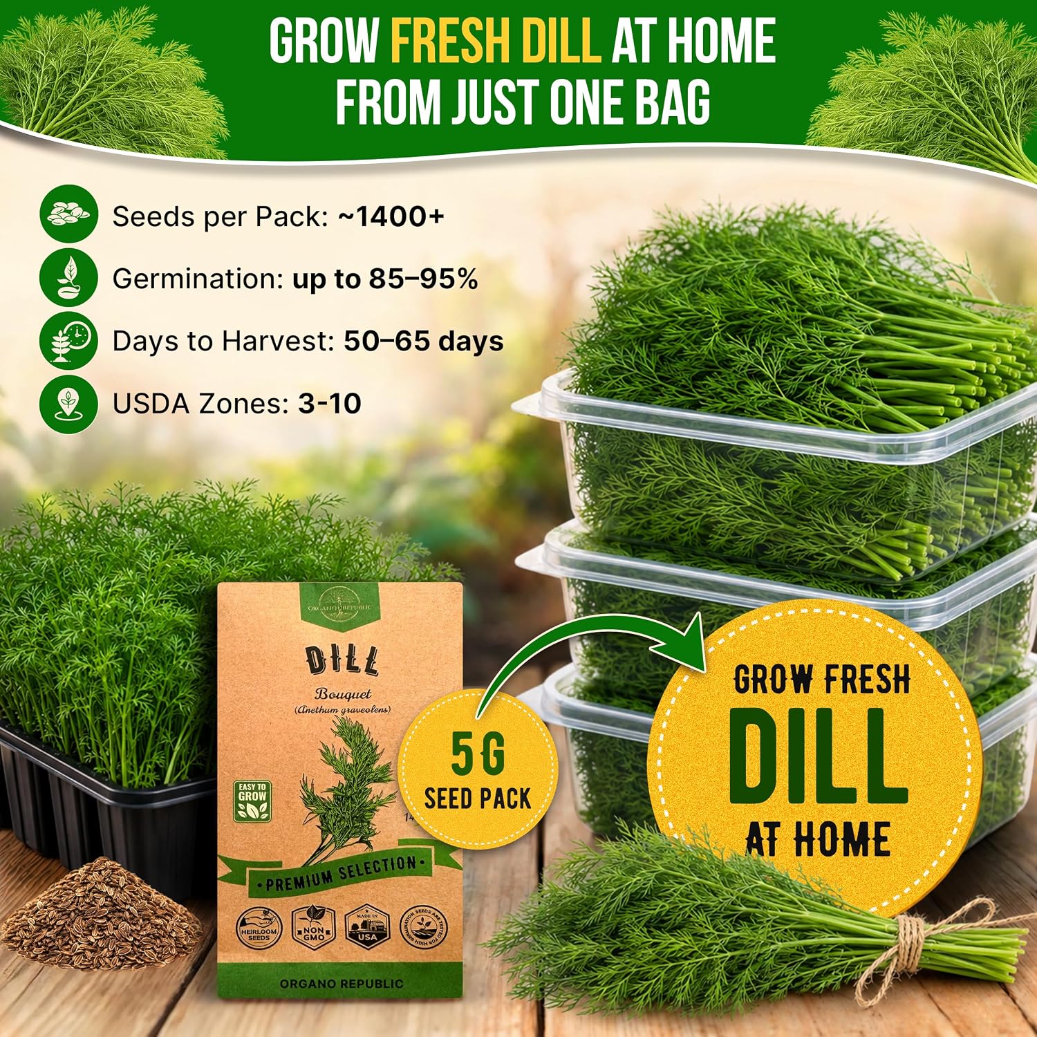 Dill Bouquet Seeds Pack 5 G - Over 1,400 Non-Gmo Heirloom Dill Seeds For Planting Herbs In Individual Seed Packet, Herbs Seeds For Planting Home Garden Indoor & Outdoor Gardening