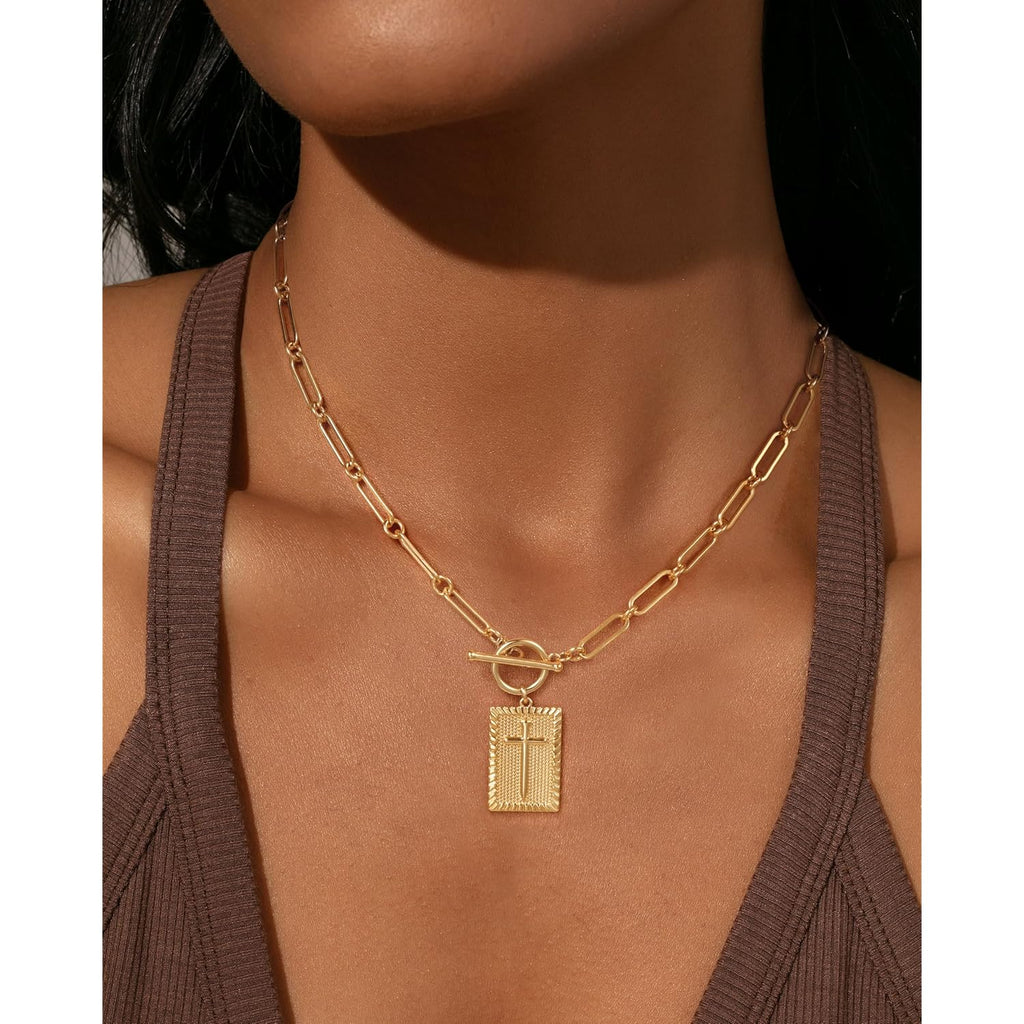 Robaice Valentines Day Gifts 14K Gold Plated and Silver Plated Cross Necklace for Women, Non-Tarnish Faith Jewelry with Toggle Clasp, Fashion Necklace Gifts for Women, Christian Faith, Communion, Birthday & Christmas