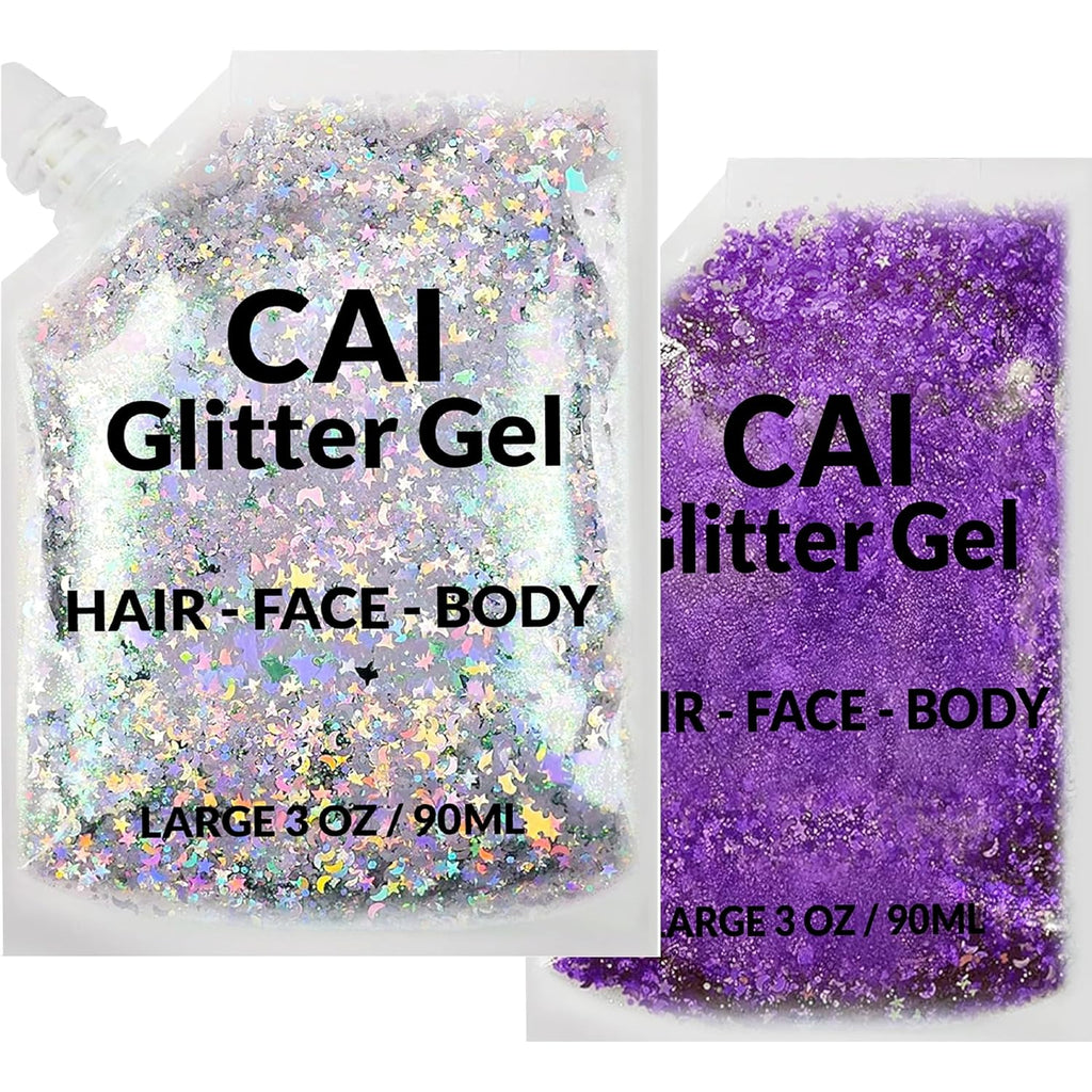 Face, Body & Hair Glitter Gel – Halloween Glitter for Kids and Women – 3 Oz Cosmetic-Grade Gel w/Moon & Stars for Festivals & Halloween Party, Easy Apply & Wash Off - Purple/Silver 2Pack