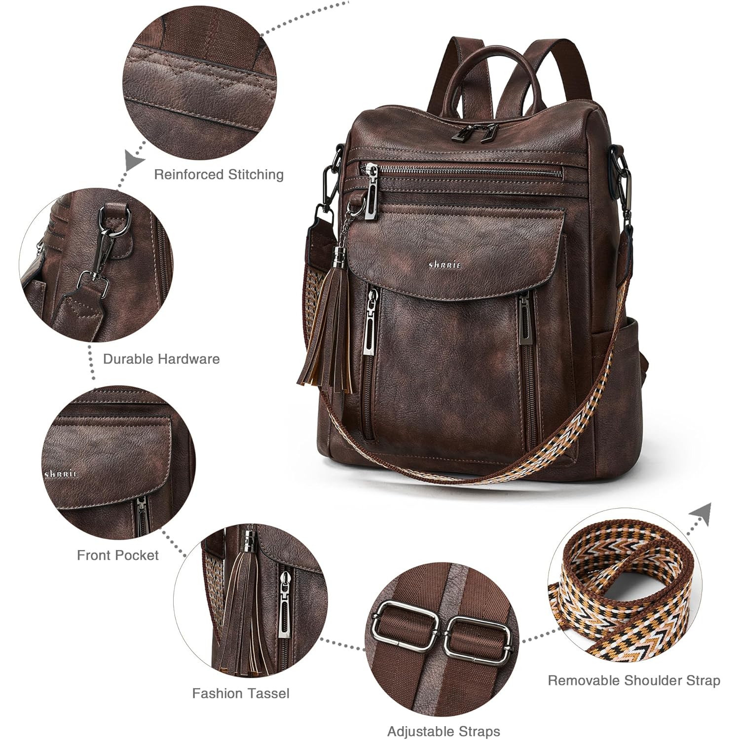 Shrrie Backpack Purse for Women Fashion Leather Backpack Purse Designer Travel Backpack Convertible Shoulder Bag with Wristlet for Work College