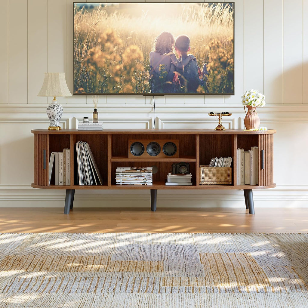 Choochoo Mid Century Modern Tv Stand For Tvs Up To 60 Inch, Entertainment Center With Fluted Sliding Doors And Hidden Storage, Tv Console With Adjustable Shelf For Living Room, Bedroom, Walnut