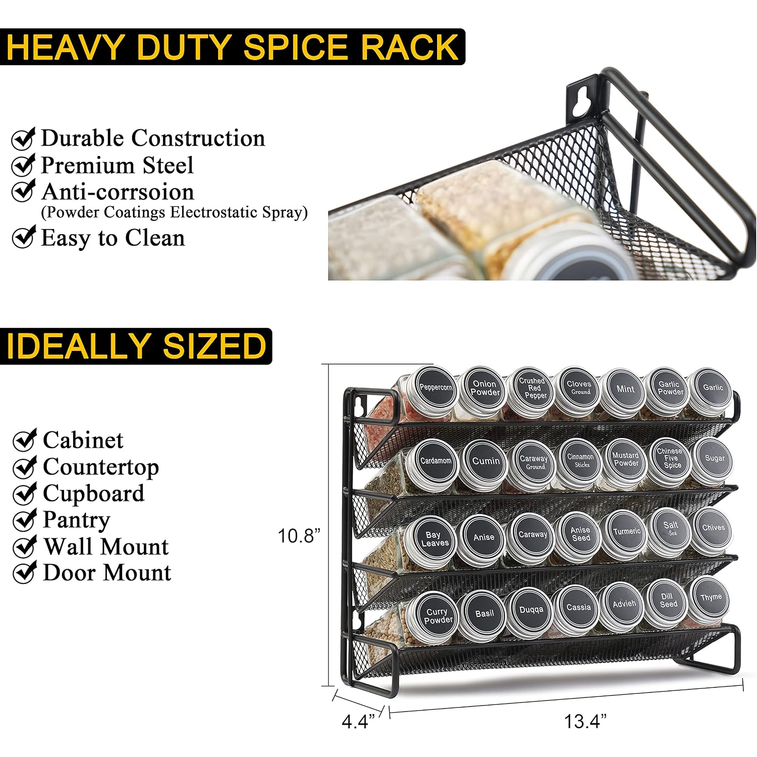 Spaceaid Spice Rack Organizer With 28 Spice Jars, 386 Spice Labels, Chalk Marker And Funnel Set For Cabinet, Countertop, Pantry, Cupboard Or Door & Wall Mount - 28 Jars, 13.4" W × 10.8" H, Black