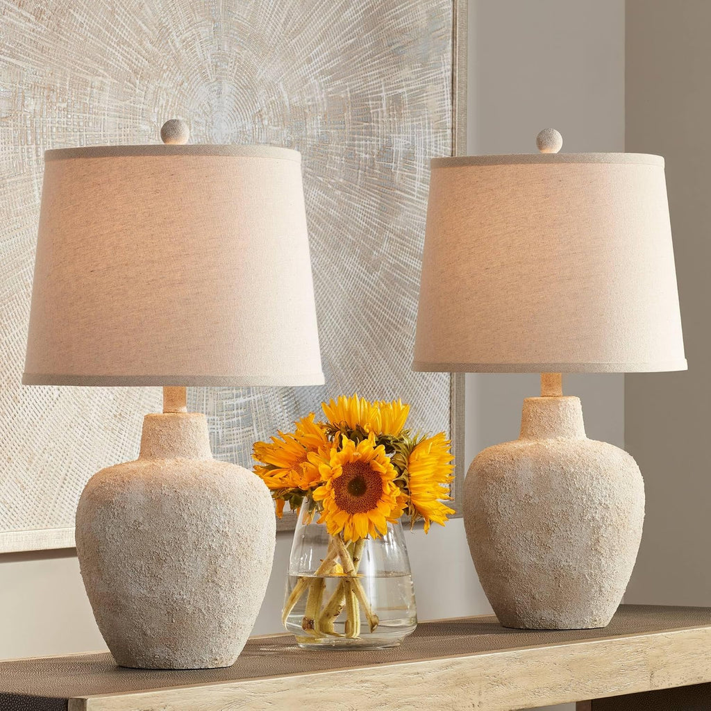 Romeo 23 1/2" High Table Lamps Set Of 2 Distressed Earth Jar Farmhouse | Coastal Beige Rustic Natural Cottage Living Room Bedroom Bedside Nightstand House Office Home Family