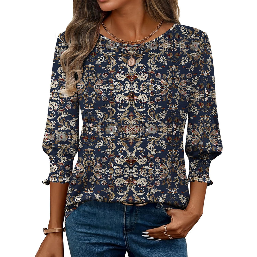 3/4 Length Sleeve Blouse Pleated Tops Tunics for Women Dressy Shirt Business Casual