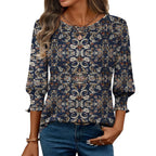 3/4 Length Sleeve Blouse Pleated Tops Tunics for Women Dressy Shirt Business Casual