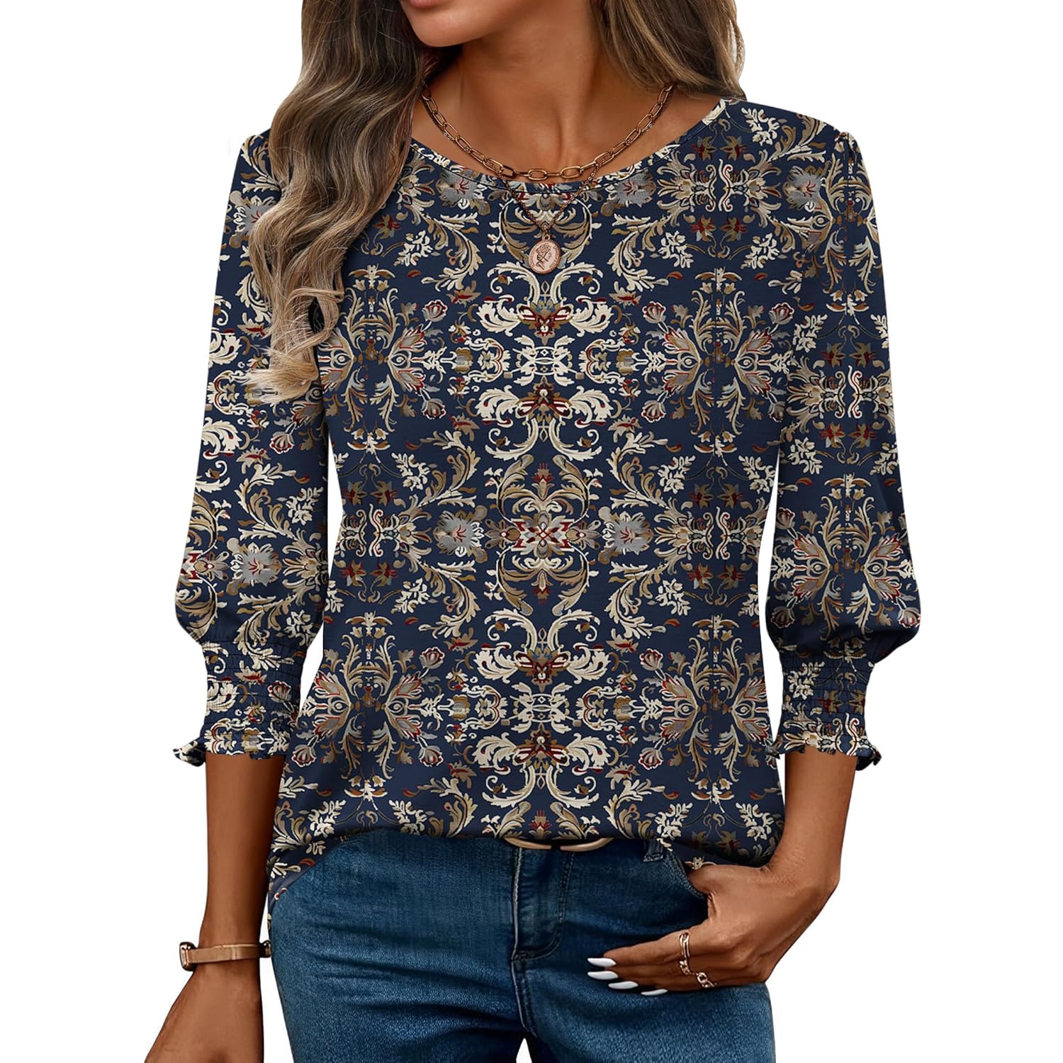 3/4 Length Sleeve Blouse Pleated Tops Tunics for Women Dressy Shirt Business Casual