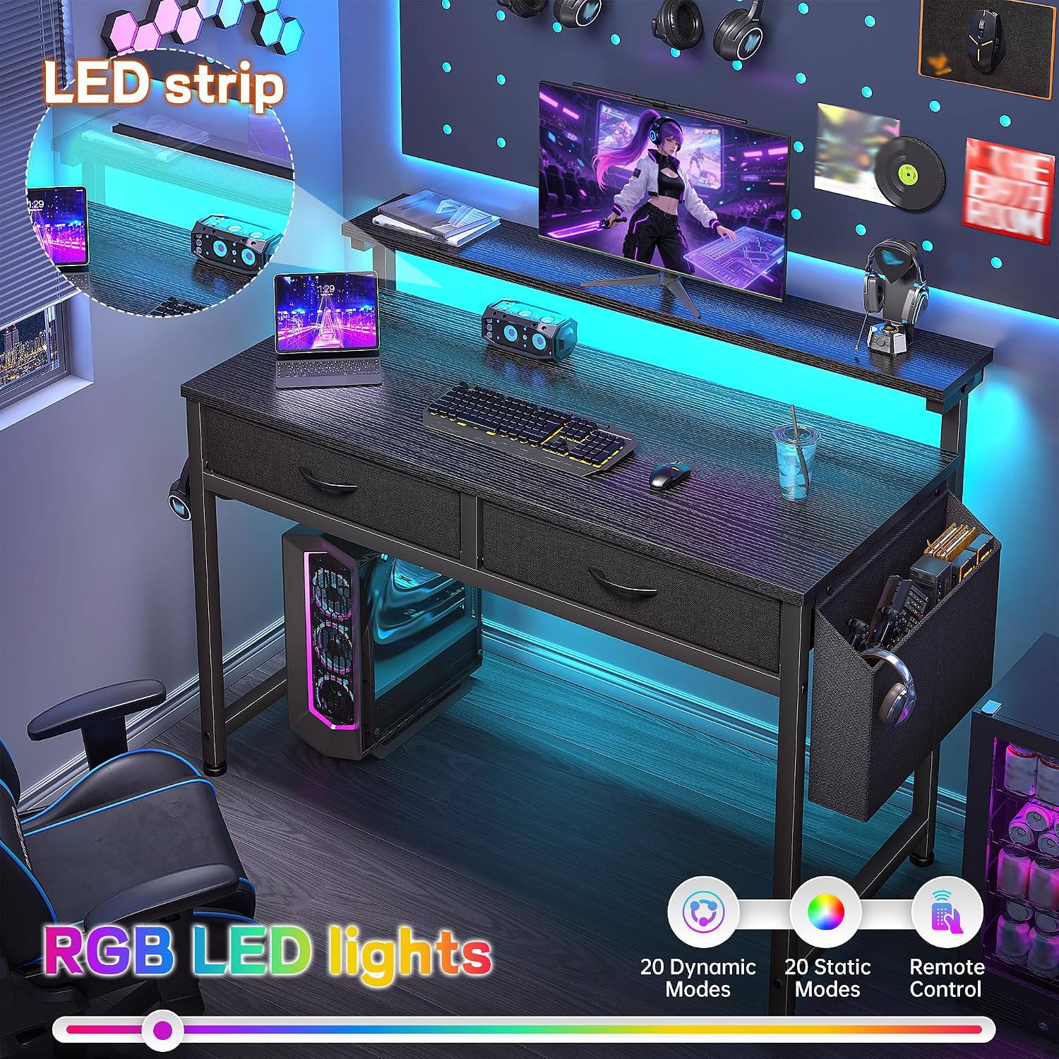 31Inch Office Computer Desk With Led Lights & 2 Fabric Drawers, Gaming Desk With Side Pocket & Ergonomic Monitor Stand, Small Space Study Writing Table With Anti-Tip Design,Black