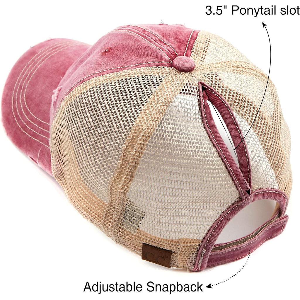 C.C Hatsandscarf Exclusives Washed Distressed Cotton Denim Ponytail Hat Adjustable Baseball Cap (BT-12) (BT-13) Burgundy