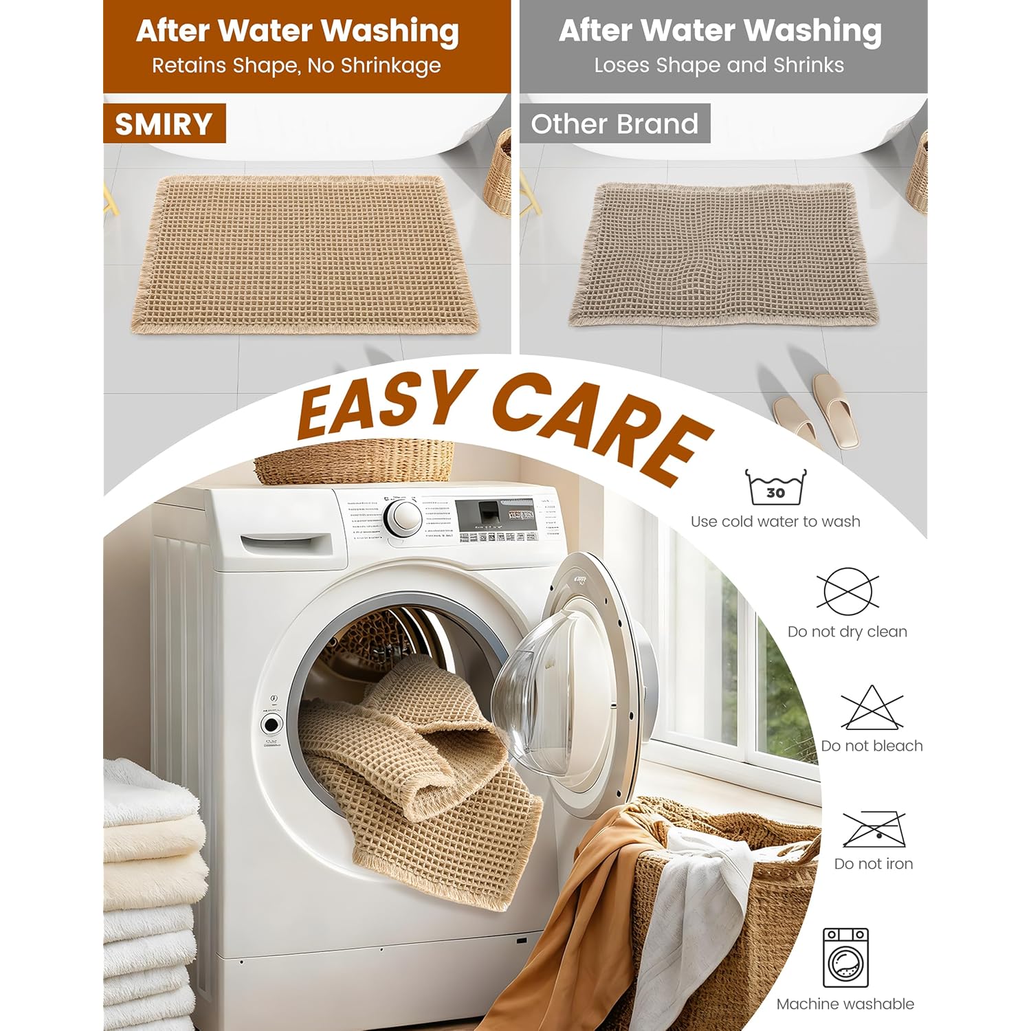 Smiry Waffle Bath Mat 30x20, Extra Soft Absorbent Bathroom Rugs, Non Slip Machine Washable Quick Dry Bath Rugs for Bathroom Floor, Tub, Shower, Home Decor Accessories, Brown