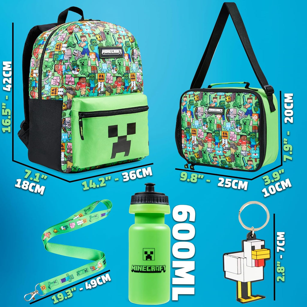 Minecraft Boys Backpack 5 Pc Gift Set, Creeper School Bookbag, Lunch Bag, Water Bottle, Keychain And Lanyard (Green Aop)