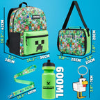 Minecraft Boys Backpack 5 Pc Gift Set, Creeper School Bookbag, Lunch Bag, Water Bottle, Keychain And Lanyard (Green Aop)