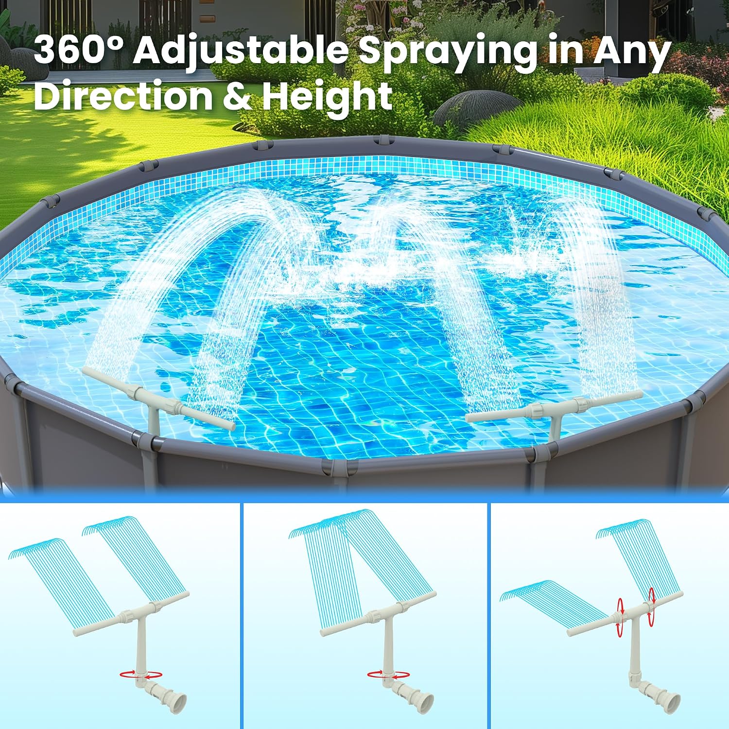 Pool Fountain For Above And In-Ground Pools, Dual Spray Waterfall Sprinkler Fountain, Above Ground Pool Accessories, Adjustable Waterfall Cooling And Relaxation