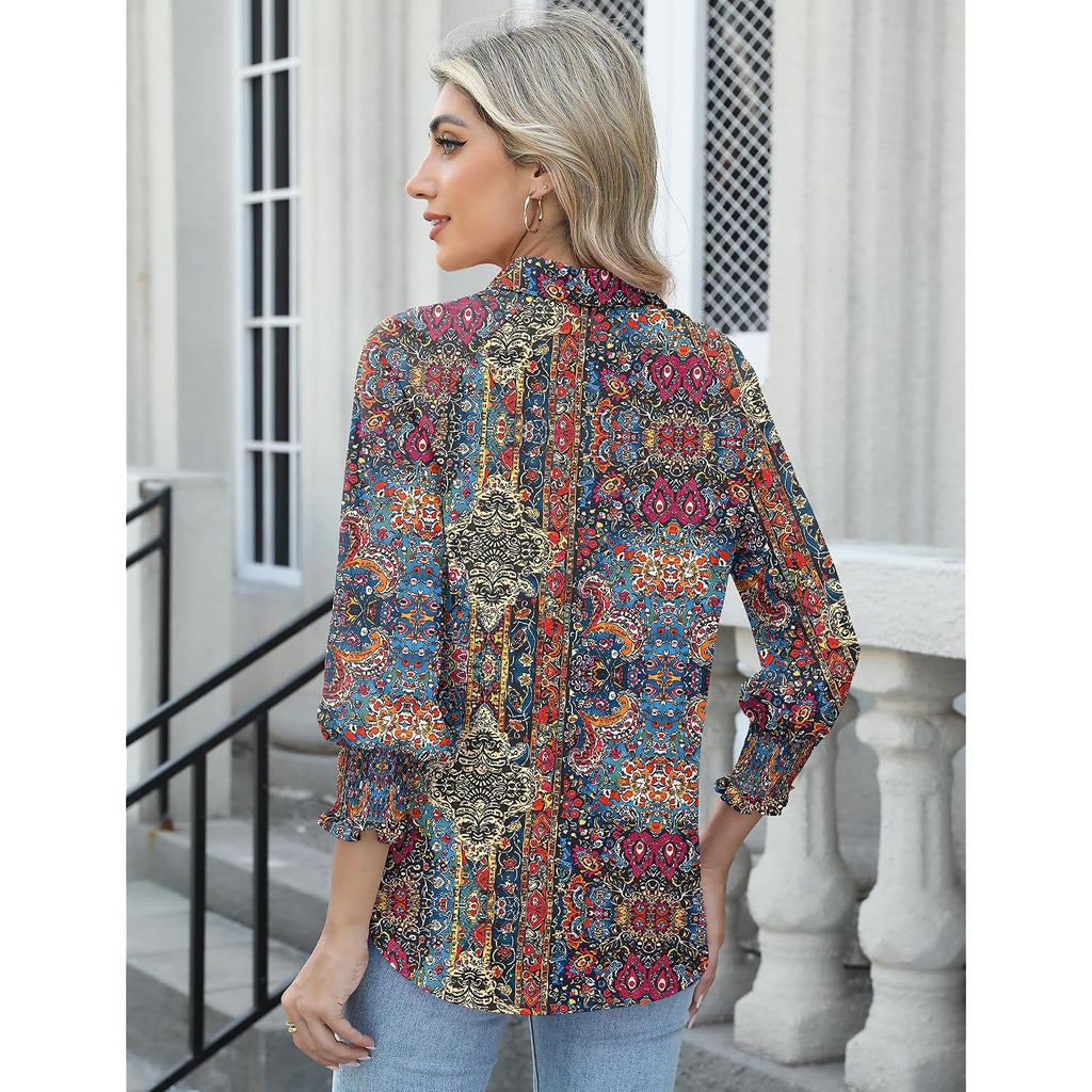 Kistore Women Blouses 3/4 Sleeve Button Down Shirts Smocked Cuffed Business Dressy Casual Tops With Pocket S-Xxl
