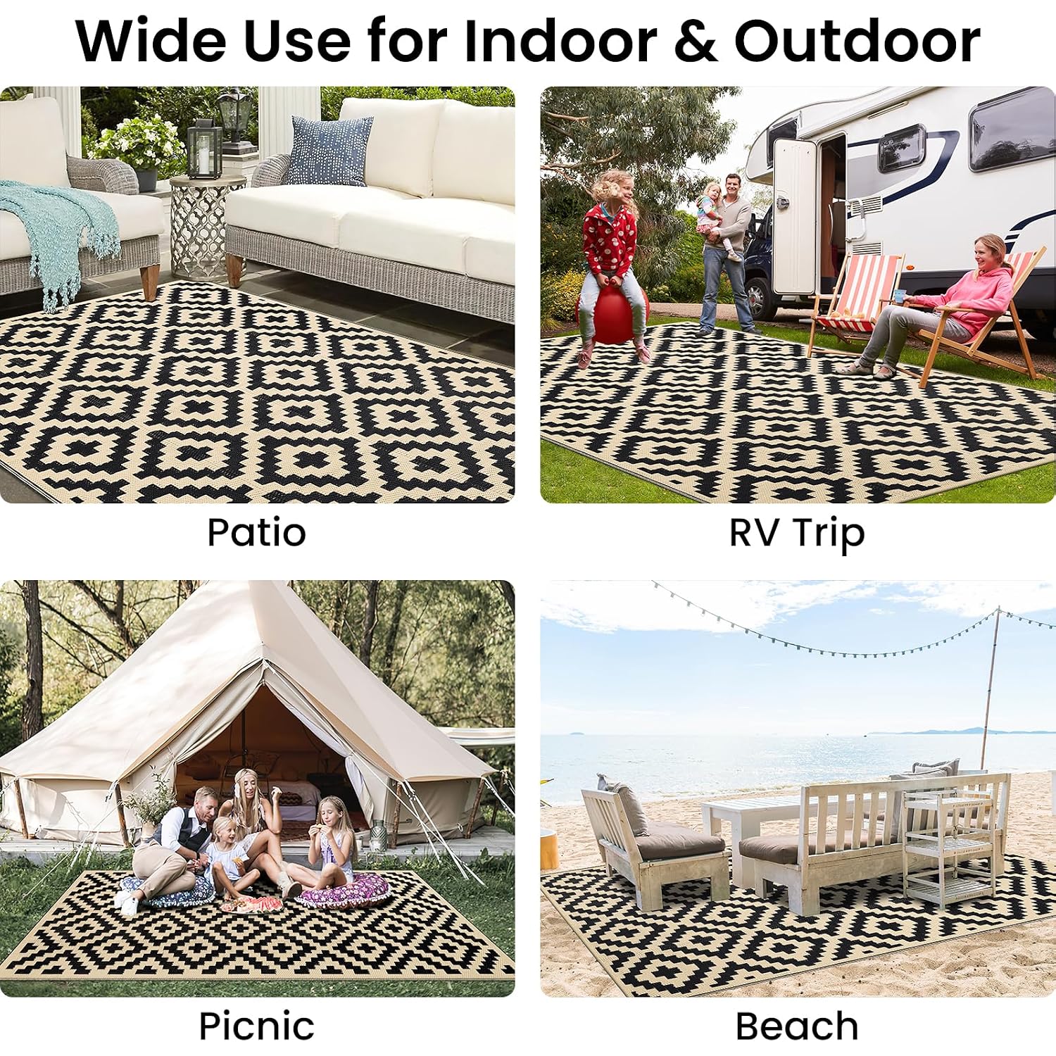 Smiry Waterproof Outdoor Rug 5X8 Ft, Reversible Plastic Straw Patio Camping Rugs, Outdoor Indoor Rv Mat Carpet For Patio, Outside Entry, Backyard, Deck, Bench, Picnic, Camper, Black & Beige