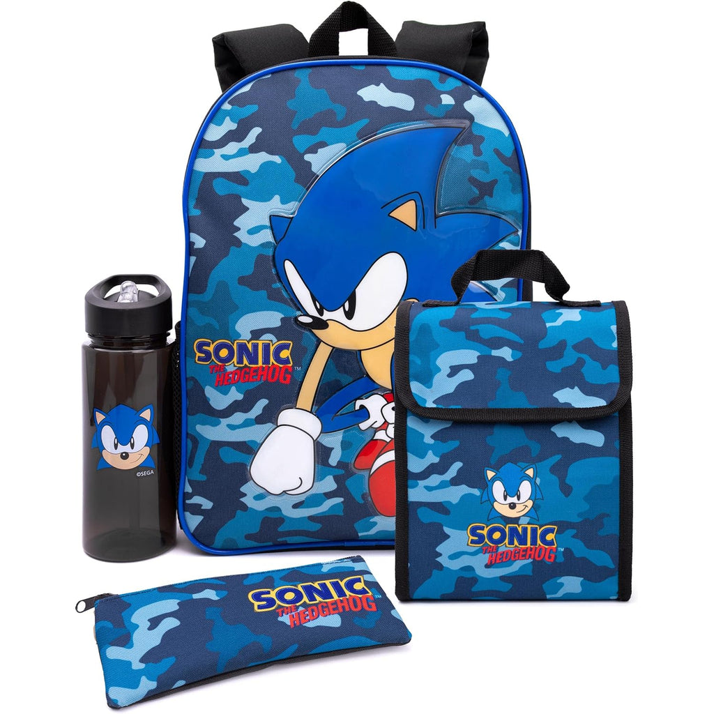 Sonic The Hedgehog Boys Backpack | Kids Navy Camo School Rucksack Pencil Case, Water Bottle | Game Merchandise, Blue, One Size, ['Rucksack']