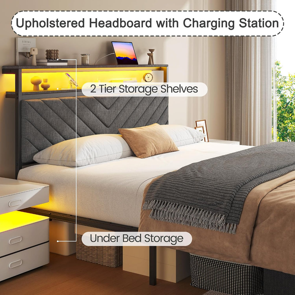 Queen Bed Frame With 2 Drawers, Upholstered Headboard With Storage And Charging Station, Led Lights, Fabric Drawers With Wheels, Under Bed Storage, No Box Spring Needed, Easy Assembly, Grey