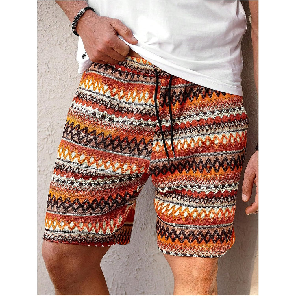 Wdirara Men'S Geometric Print Drawstring Waist Bermuda Shorts Boho Summer Beach Shorts With Pockets