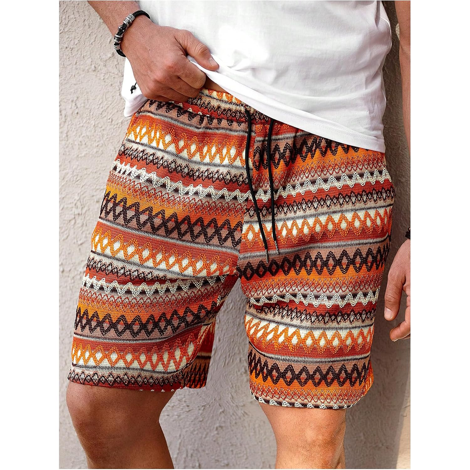 Wdirara Men'S Geometric Print Drawstring Waist Bermuda Shorts Boho Summer Beach Shorts With Pockets