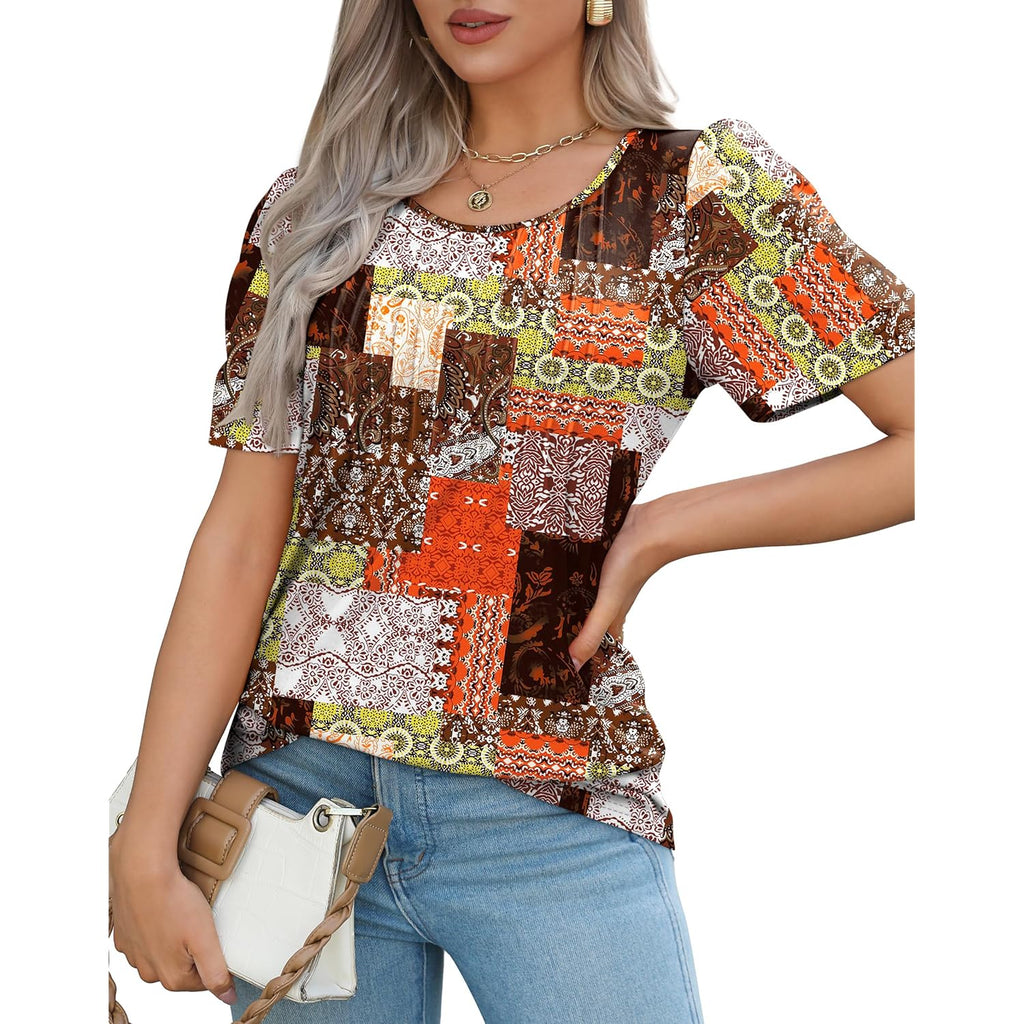 OFEEFAN Womens T Shirts Short Sleeve Pleated Dressy Casual Scooped Neck Summer Tops Blouses