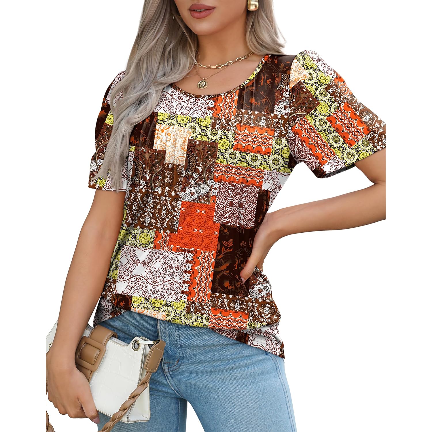 OFEEFAN Womens T Shirts Short Sleeve Pleated Dressy Casual Scooped Neck Summer Tops Blouses
