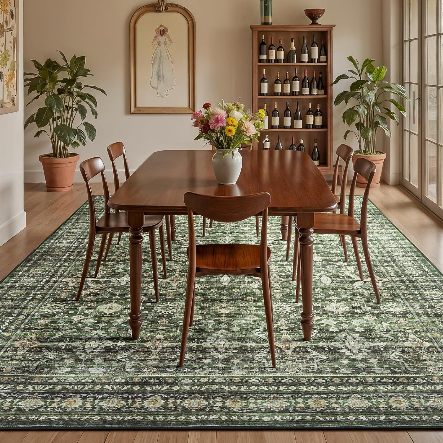 Lofus 8x10 Area Rug for Living Room,Green Washable Large Rugs with Non-Slip Backing,Soft Boho Carpets for Bedroom Dining Room Home Office Indoor Nursery