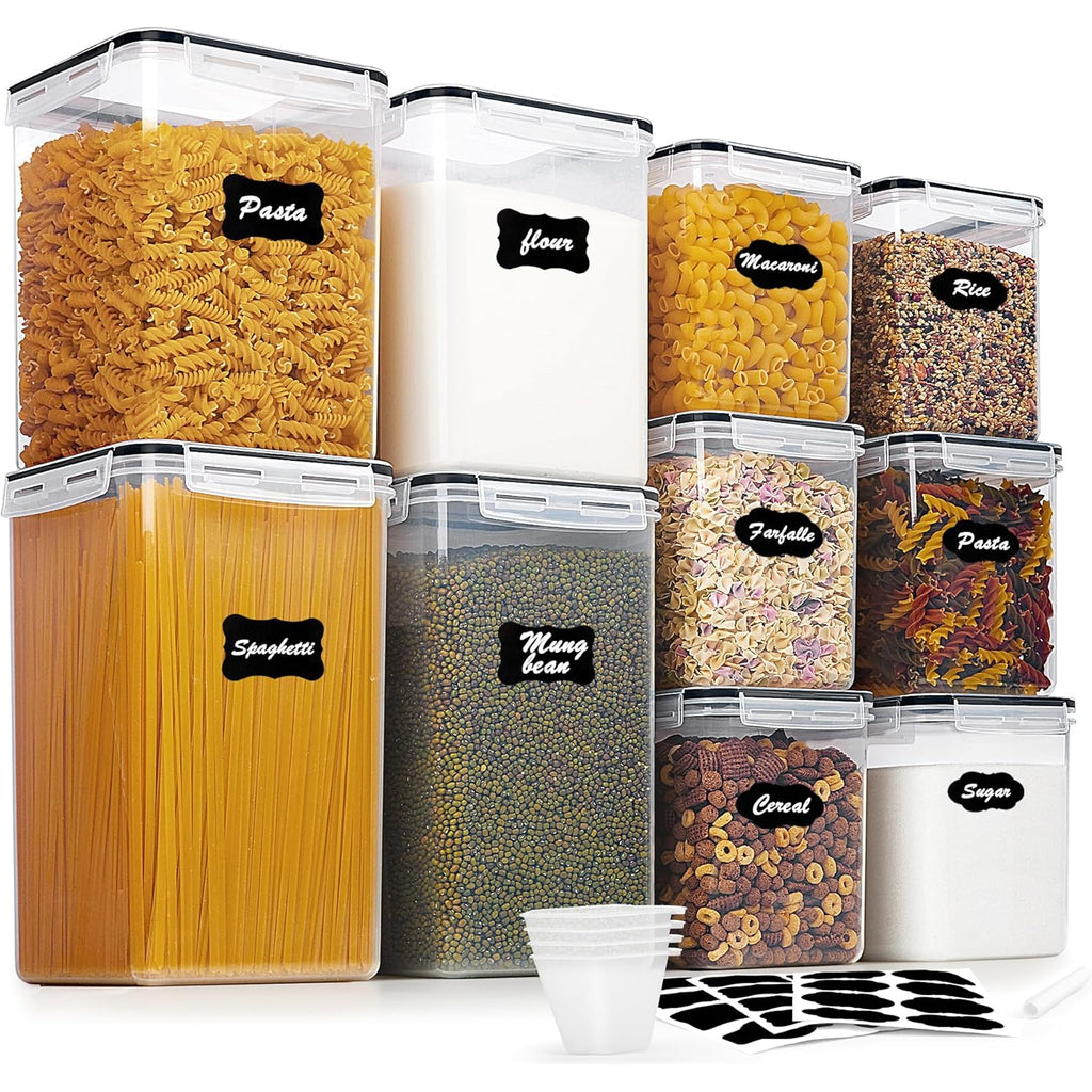 Vtopmart 10 PCS Flour and Sugar Storage Container, Large Airtight Food Canisters with Lids for Kitchen, Pantry Organization, BPA Free, Black