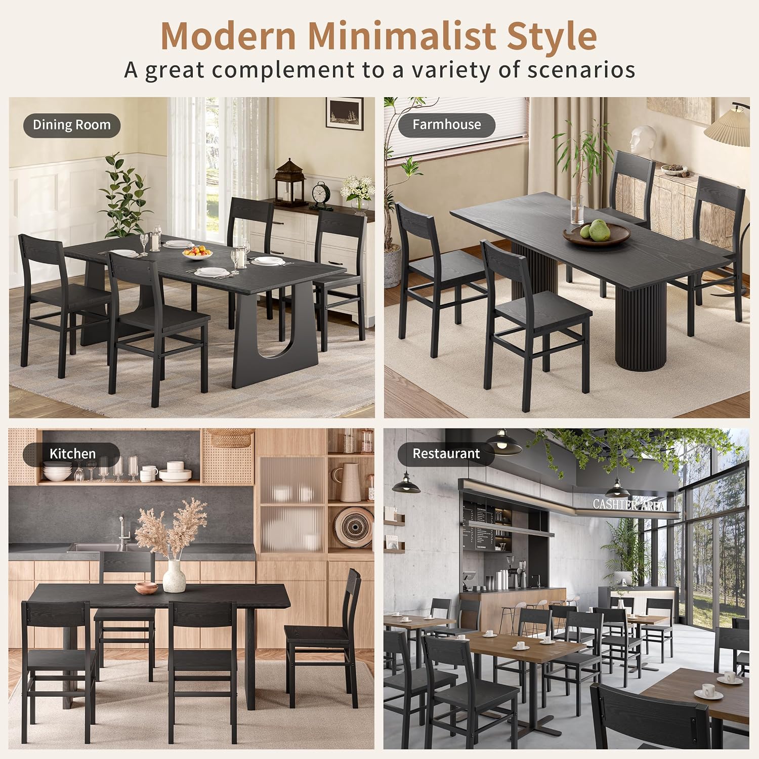 Dining Chairs Set Of 4, Rustic Wood Dining Room Chairs With Thickened And Strengthened Metal Steel Frame & Slat Back, Modern Farmhouse Chair For Kitchen, Dining Room (4, Dark Black)