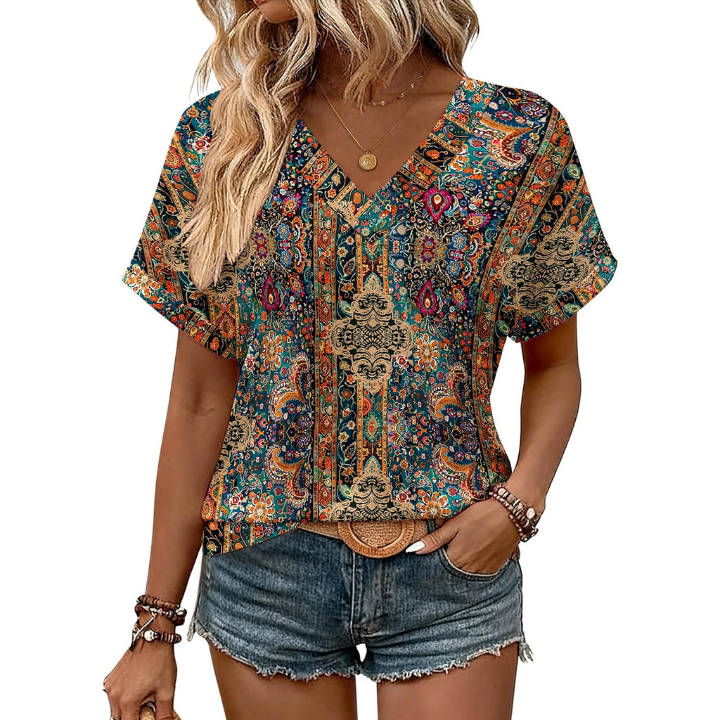 Zeagoo Womens Summer Tops Rolled Short Sleeve V Neck Shirts Casual Dressy Business Work Blouses Outfits Boho-mz721
