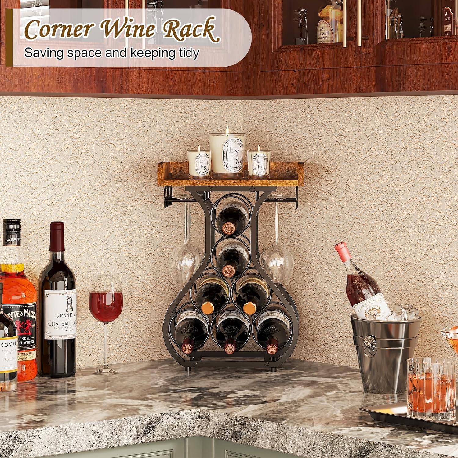 X-Cosrack Wine Racks Countertop, Small Wine Rack With Wine Glass Holder, Mini Countertop Wine Rack With Tabletop Wine Storage Cabinet Shelf For Kitchen Pantry Home Bar