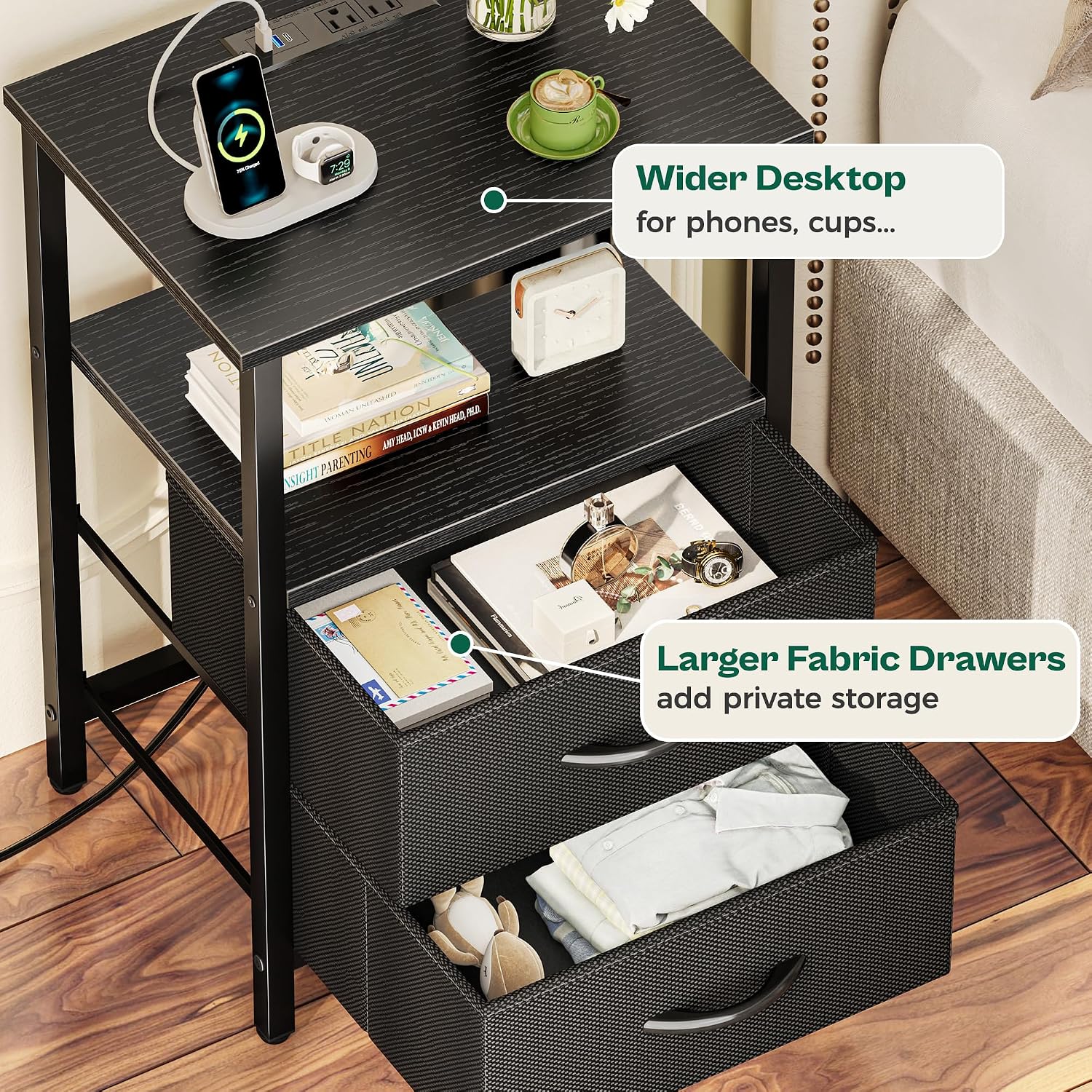 Huuger Night Stand With Charger Station And Led Lights, 2 Drawer Nightstand, Bed Side Table With Open Shelf, End Table, Fabric Drawers For Bedroom, Black