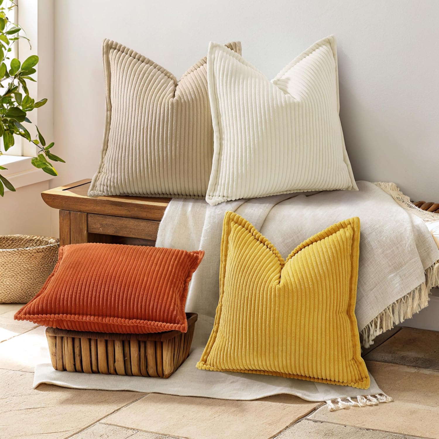 Decoruhome Fall Corduroy Cream White Throw Pillow Covers 18X18 Set Of 2 Decorative Soft Boho Farmhouse Couch Pillow Covers For Living Room Bed Sofa Broadside Striped Pillow Cases