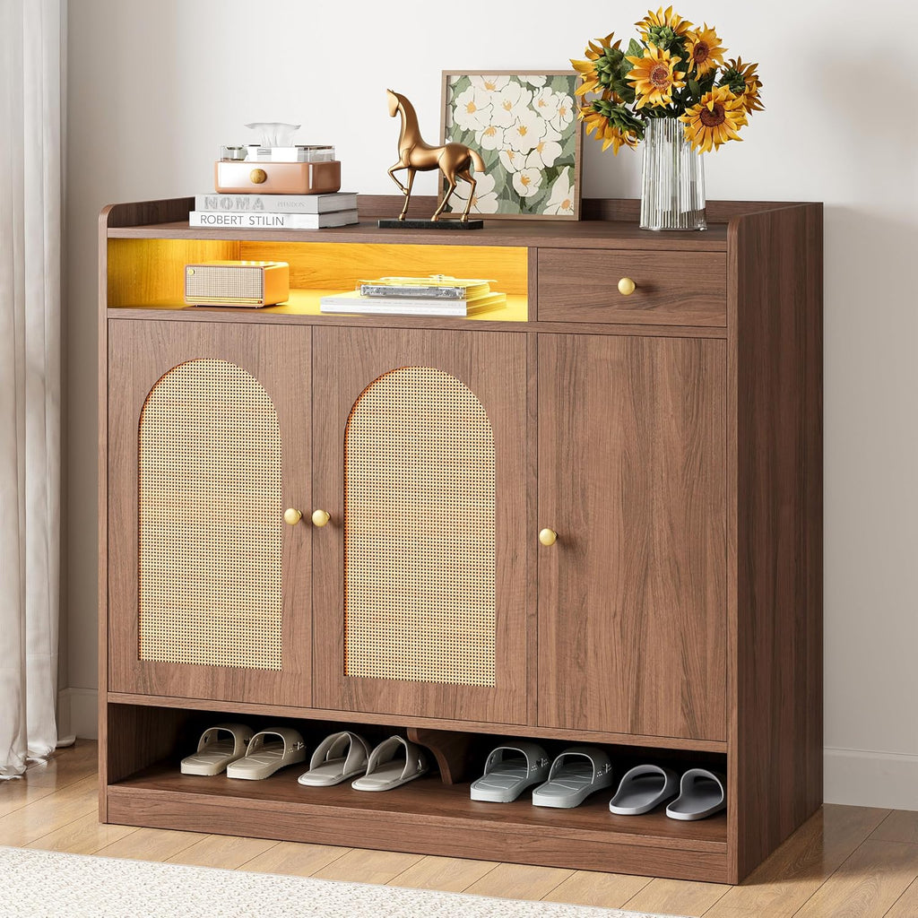 Likimio Rattan Shoe Storage Cabinet, 30 Pairs 6-Tier Shoe Cabinet Storage For Entryway With Led Light, Drawer & Doors, Adjustable Shelves, Shoe Rack Organizer For Hallway, Living Room, Walnut