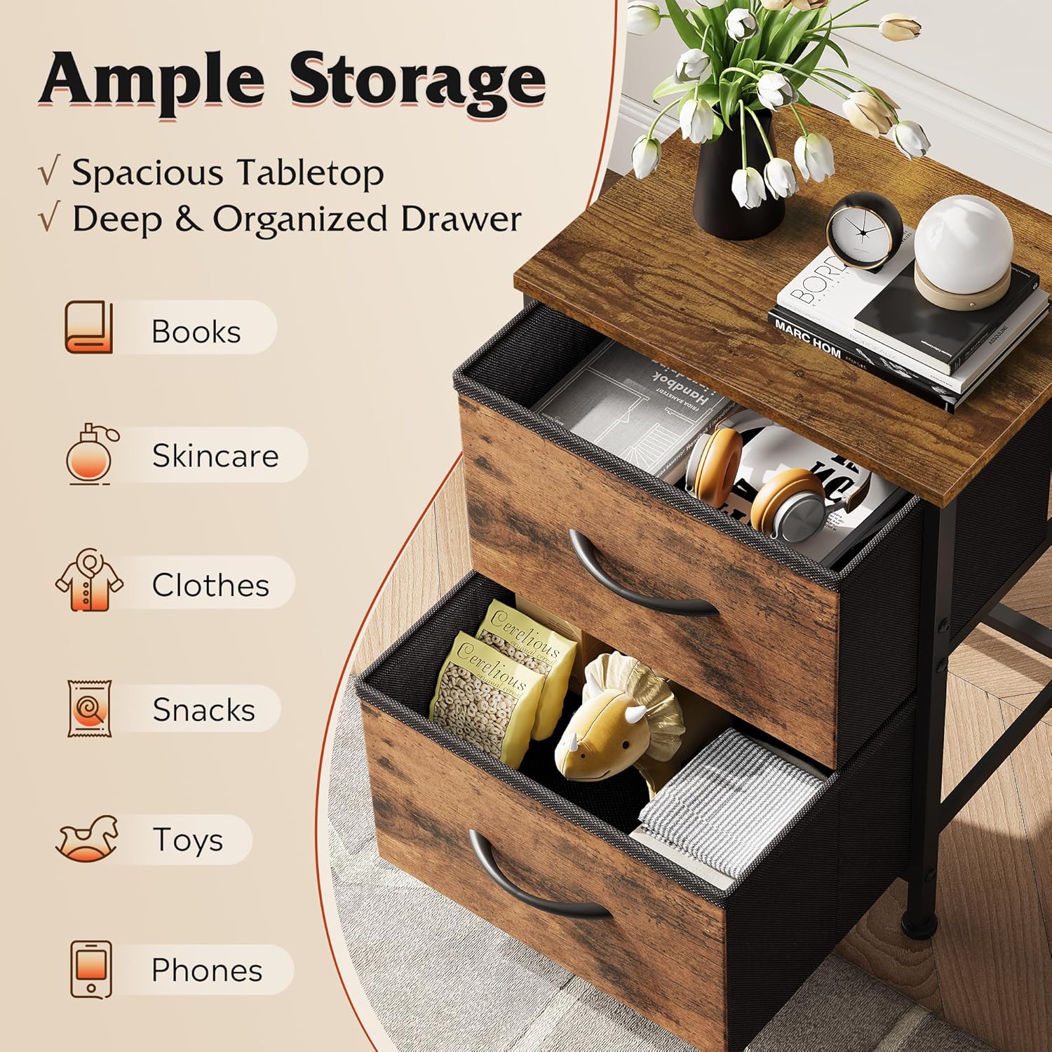 WLIVE Night Stand, Small Dresser with 2 Drawers & Wooden Top, Nightstand with Fabric Bins, Bedside Table End Table for Bedroom, Closet, Entryway, College Dorm, Rustic Brown